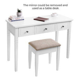 Featured vasagle vanity set with 3 big drawers dressing table with 1 stool makeup desk with large rotating mirror makeup and cosmetic storage multifunctional easy to assemble white urdt106wt