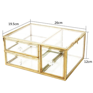 Exclusive antique beauty display clear glass 3drawers palette organizer cosmetic storage makeup container 3cube hoder beauty dresser vanity cabinet decorative keepsake box