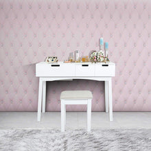 Load image into Gallery viewer, Cheap vanity table with large sized flip top mirror makeup dressing table with a cushion stool set writing desk with two drawers one small removable organizers easy assembly