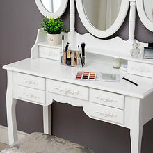 Load image into Gallery viewer, Home honbay trifold mirrors makeup vanity table set cushioned stool and surprise gift makeup organizer with 7 drawers dressing table white
