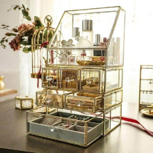 Load image into Gallery viewer, Discover the best spacious palette storage stunning large glass beauty display cosmetics makeup organizer vanity holder with slanted front open lid cosmetic storage for makeup brushes perfumes skincare in gold