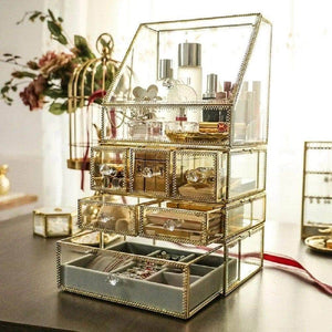 Discover the best spacious palette storage stunning large glass beauty display cosmetics makeup organizer vanity holder with slanted front open lid cosmetic storage for makeup brushes perfumes skincare in gold