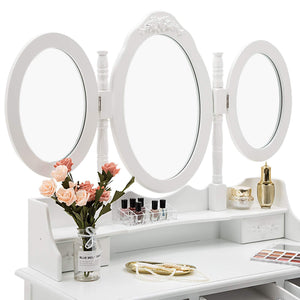 Latest honbay trifold mirrors makeup vanity table set cushioned stool and surprise gift makeup organizer with 7 drawers dressing table white