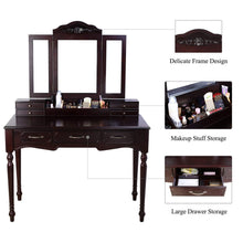 Load image into Gallery viewer, Discover homecho vanity table set with 7 drawers and 6 makeup organizers removable tri folding mirror and 8 necklace hooks with cushioned stool dark espresso hmc md 010