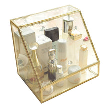 Load image into Gallery viewer, Discover the spacious palette storage stunning large glass beauty display cosmetics makeup organizer vanity holder with slanted front open lid cosmetic storage for makeup brushes perfumes skincare in gold