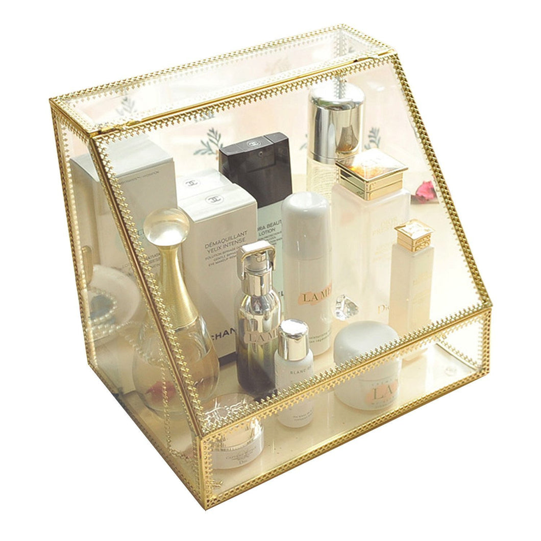 Discover the spacious palette storage stunning large glass beauty display cosmetics makeup organizer vanity holder with slanted front open lid cosmetic storage for makeup brushes perfumes skincare in gold