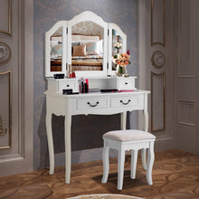 Load image into Gallery viewer, Buy charmaid vanity set with tri folding mirror and 4 drawers makeup dressing table with cushioned stool makeup vanity set for women girls bedroom makeup table and stool set white