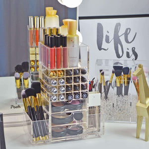 Selection spinning makeup organizer rotating tower acrylic all in one lipstick lip gloss makeup brush holder drawers pockets for eyeshadows compacts blushes powders perfume