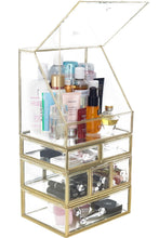 Load image into Gallery viewer, Explore spacious palette storage stunning large glass beauty display cosmetics makeup organizer vanity holder with slanted front open lid cosmetic storage for makeup brushes perfumes skincare in gold
