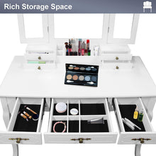 Load image into Gallery viewer, Shop here vanity beauty station large tri folding necklace hooked mirrors 6 organization 7 drawers makeup dress table with cushioned stool set white