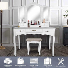 Load image into Gallery viewer, Shop vanity beauty station large tri folding necklace hooked mirrors 6 organization 7 drawers makeup dress table with cushioned stool set white