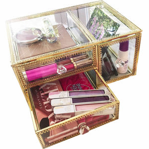 Buy now antique beauty display clear glass 3drawers palette organizer cosmetic storage makeup container 3cube hoder beauty dresser vanity cabinet decorative keepsake box