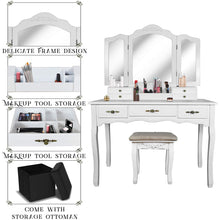 Load image into Gallery viewer, Select nice vanity beauty station tri folding necklace hooked mirrors 6 organization 7 drawers makeup dress table with cushioned stool and storage ottoman white