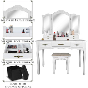Select nice vanity beauty station tri folding necklace hooked mirrors 6 organization 7 drawers makeup dress table with cushioned stool and storage ottoman white