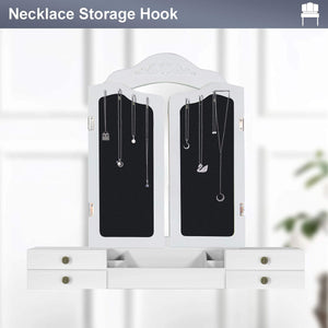 Storage organizer vanity beauty station large tri folding necklace hooked mirrors 6 organization 7 drawers makeup dress table with cushioned stool set white