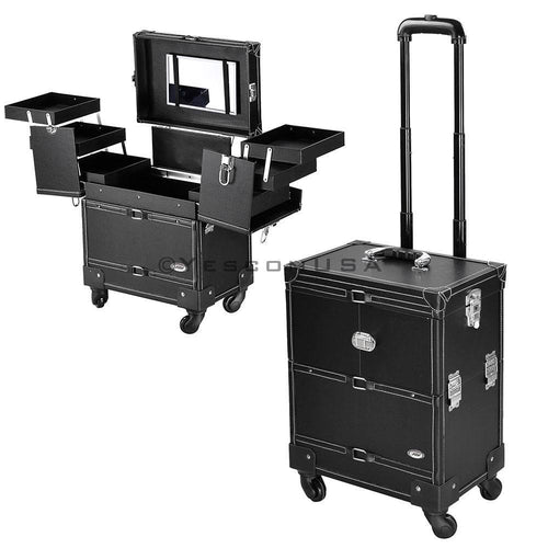 AW Rolling Makeup Lockable Train Case w/ 4-Wheel Mirror Black