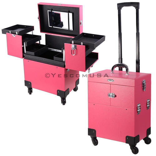 AW Rolling Makeup Case Lockable w/ 4-Wheel Mirror Rose Red